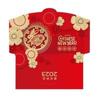 New Year Money Red envelope Ang Pau Design. Year of the rabbit with many flowers and umbrellas. Chinese Hieroglyph Translation - Happy New Year. Golden hare in flowers. vector Die-cut Packet