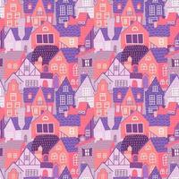 City seamless colorful pattern with hand drawn old european houses at spring. Pink Repeating background with the old town. For wallpapers,textile and scrapbooking. Vector flat illustration.