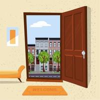 Interior of hallway with open wood door overlooking summer cityscape with houses and green trees. Furniture inside Soft bench, picture, mat against a textured wall. Flat cartoon vector illustration