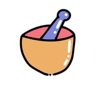 Mortar and pestle icon illustration. Chemical equipment in flat color outlined hand drawn childish doodle style. Color scribble print concept on white background. Kid chemistry and science vector