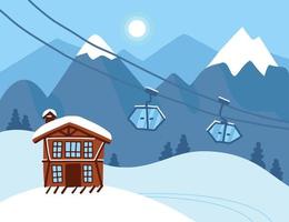 Winter vacation landscape. Mountain ski resort concept scene. Winter time landscape with funiculars, ski lift, mountains, house and snow. Snow time background. Vector flat illustration.