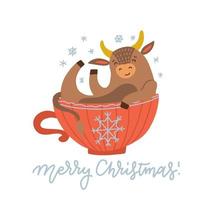 A cute cow sitting in a red cup. 2021 New Year atmosphere. Vector flat illustration