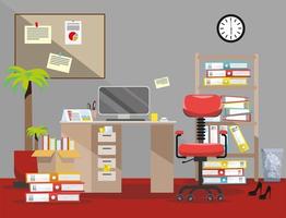 Evening Order on the desktop. Pile of paper documents and file folders in cardboard boxes on the shelves. Flat vector illustration of chair and waste-basket in the interior with grey walls, red carpet