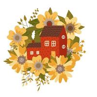 European traditional house among huge plants and wildflowers, yellow flower in a flat vector style. hand drawn isolated illustration.