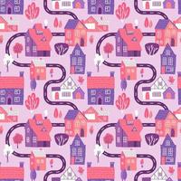 Cute seamless pattern with road, houses and trees on pink background. Spring town map. Flat vector illustration.