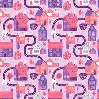 Cute seamless pattern with road, houses and trees on pink background. Spring town map. Flat vector illustration.