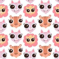 Vector funny flat cartoon cat and lion heads seamless pattern. Flat Feline background. Faces with big eyes.