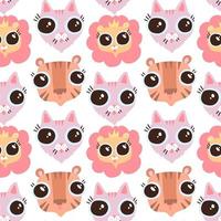 Vector funny flat cartoon cat and lion heads seamless pattern. Flat Feline background. Faces with big eyes.