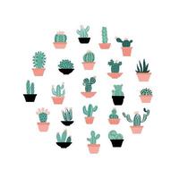 Circle composition with succulents in hand drawn scandinavian style. Set of house plants. Poster, banner, greeting card, print isolated elements. Vector color illustration on white background.