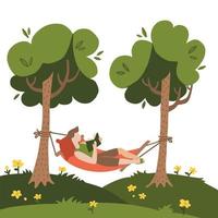 hombre acostado en una hamaca y leyendo un libro. hamaca colgada entre árboles verdes. ilustración vectorial dibujada a mano plana sobre un fondo blanco. concepto de campamento de verano vector