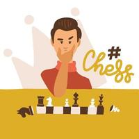 Flat vector illustration of cartoon funny chessplayer play chess. Front view character with lettering. Man player pondering a move.