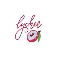 Logo of sweet lychee with hand drawn linear lettering text. Flat cartoon style. Vector icon illustration on isolated white background