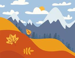 Mountain landscape. Autumn fields landscape with a dawn, yellow hills, bright color blue sky with clouds, country background in flat vector cartoon style banner.