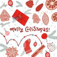 Merry Christmas and Happy New Year winter greeting card with xmas decoration elements objects on white background framed by fir branches. Top flat lay view vector illustration with lettering text.