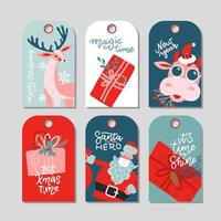 Collection of New Year and Christmas gift tags. Card templates with holiday symbols. Colorful and bright childish ready to use set. Flat vector illustration.