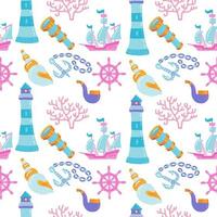 Cartoon hand-drawn nautical marine Seamless pattern with hand drawn ship, seashells, lighthouse and ankor. Colorful detailed,with lots of objects funny vector background.