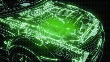 Holographic animation of 3D wireframe car model with engine video