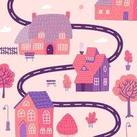 Cute cityscape background, beautiful cozy houses with trees and road in cartoon style. isolated vector flat illustration.