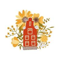 Netherlands traditional small house on the colorful big flowers background. Flat style vector illustration. Tour booklet cover, postcard design, souvenir card for tourist attractions.