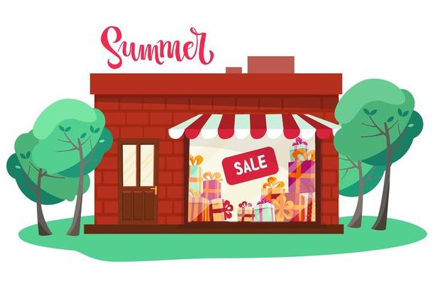 Storefront of store building, facade front view in front of green trees. Shop front view flat cartoon vector illustration isolated on white background. Shop window with striped canopy in brick wall.