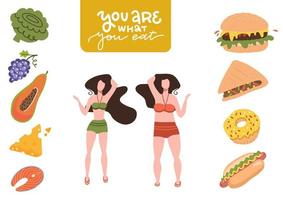 mujeres gordas y delgadas que eligen entre alimentos saludables y no saludables. Comparación de comida rápida vs menú balanceado. conceptos dieta alimentación saludable. personaje de dibujos animados femenino en traje de baño. ilustración vectorial plana. vector