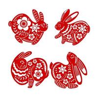 Set of Chinese Lunar New Year Rabbit silhouettes. Isolated Icons With Animals Of Asian Zodiac. Red Papercut Rabbits With Oriental Flower Ornaments, Chinese New Year Design Vector simple illustration