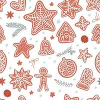 Flat hand drawn seamless pattern for Christmas and New year with sweet gingerbread cookies. For wallpaper, backdrop, wrapping paper. Textile design. Holiday style scandinvian background. vector