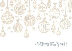Hanging outlined Christmas ball with a floral swirl decor. Hand drawn calligraphy happy new year lettering. Design holiday greeting cards and invitations of Happy New Year and seasonal holidays vector