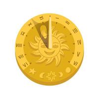 vista superior del icono del reloj de sol con sombra. concepto de esfera de reloj con números romanos, silueta de temporizador, medición, astrología, cara de personaje solar. ilustración de vector de moda de estilo plano sobre fondo blanco