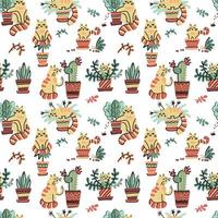 Seamless pattern with Cute hand drawn cats in different poses damaging home plants. Vector flat doodle Scandinavian cartoon characters. Cozy print design with yellow striped kittens and flower pots.