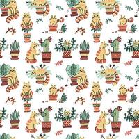 Seamless pattern with Cute hand drawn cats in different poses damaging home plants. Vector flat doodle Scandinavian cartoon characters. Cozy print design with yellow striped kittens and flower pots.