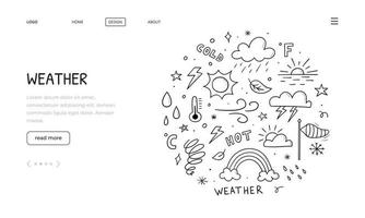 Hand drawn web banner of weather elements. Sketch style. Illustration for banner, website, landing page template design. vector