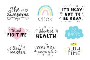 citas motivacionales e inspiradoras establecidas para el día de la salud mental. letras vectoriales dibujadas a mano. elementos de diseño para tarjeta, póster, impresión. vector