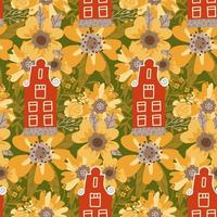 patrón impecable con pequeñas casas tradicionales holandesas en el colorido fondo de flores grandes. ilustración vectorial de estilo plano. portada del folleto turístico, diseño de postales, tarjeta de recuerdo para turistas. vector