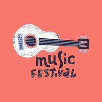 ilustración para festival de música con linda guitarra acústica y letras. concepto dibujado a mano para pancartas y postales en estilo de garabato plano. vector