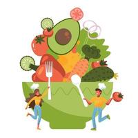Tiny people standing by huge salad bowl. Small man and woman preparing vegetables to salad mixing bowl. Heathy food concept. Flat vector illustration isolated on white background.