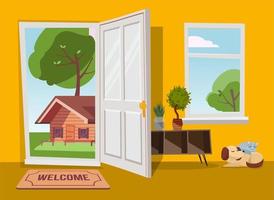 Open door into summer country landscape view with green trees. Flat cartoon vector illustration. Trees with round crown under blue sky. Hallway interior with window overlooking suburb old house