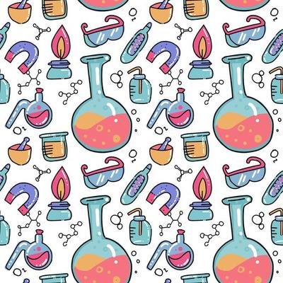 Seamless pattern of decorative color hand drawn chemical lab scientific experiment equipment isolated vector illustration. Set of flasks in doodle style on white background. Chemistry science for kids