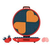 Waffle iron with waffles in the shape of hearts and strawberries in a cartoon flat style. Stock vector illustration. Tasty dessert. Breakfast. Isolated on white background.