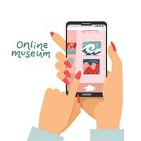Online museum concept as female hands holding smartphone and visiting interactive art museum exposition in app on device, art gallery guide, digital exhibition, multimedia service for staying at home vector