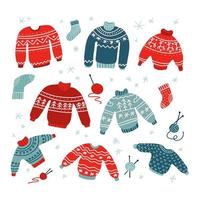 Winter and Christmas ugly and cute sweaters in flat hand drawn style in green and red colors. Vector knitted collection with clew and sock .