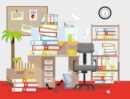 Evening Period of accountants and financier reports submission. Pile of paper documents and file folders in cardboard boxes on office table. Flat vector illustration windows, chair and waste-basket