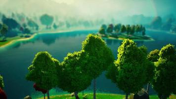 paisagem de floresta verde dos desenhos animados com árvores e lago