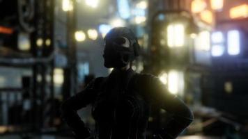 futuristische junge Frau im Cyberpunk-Stil mit Neon-Bokeh-Lichtern