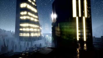 staden skyskrapor på natten med Vintergatan stjärnor video