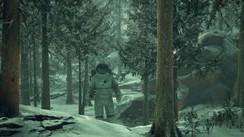 Astronaut exploring forest in snow video