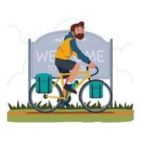 Touring Cyclist Passing Welcome Sign