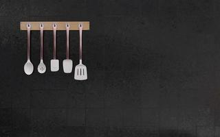 Set of ladle and spatula with copper handle on black concrete 3D photo