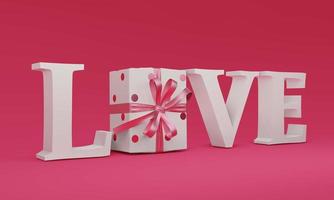 Representación 3d texto de amor blanco y caja de regalo sobre fondo rosa para san valentín foto