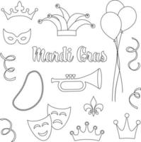 Mardi Gras black outline vector stamps